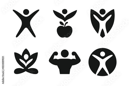 Wellness Program Icons. Health and Fitness Challenges. Set Logo of Wellness Program Icon: Filled silhouette, Abstract geometric, Negative space, Symmetrical