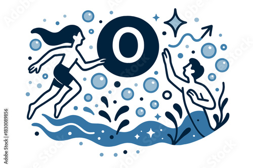 Oxygen's Vital Dance. Oxygen. Abstract depiction of oxygen in water with bubbles and sparkles; emphasizes chemical element, life-sustaining property, and