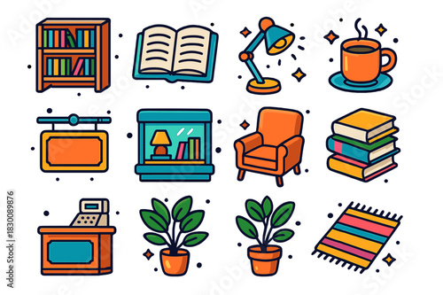 Colorful Bookshop Icons. Independent bookshop. Colorful isometric vector icons set of independent bookshop: bookshelf, open book, reading lamp, coffee cup,