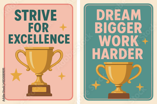Retro Motivation Banners. Strive for excellence. Two vertical A6 banners with safe margins, centered composition, no elements touching edges, retro, pink and