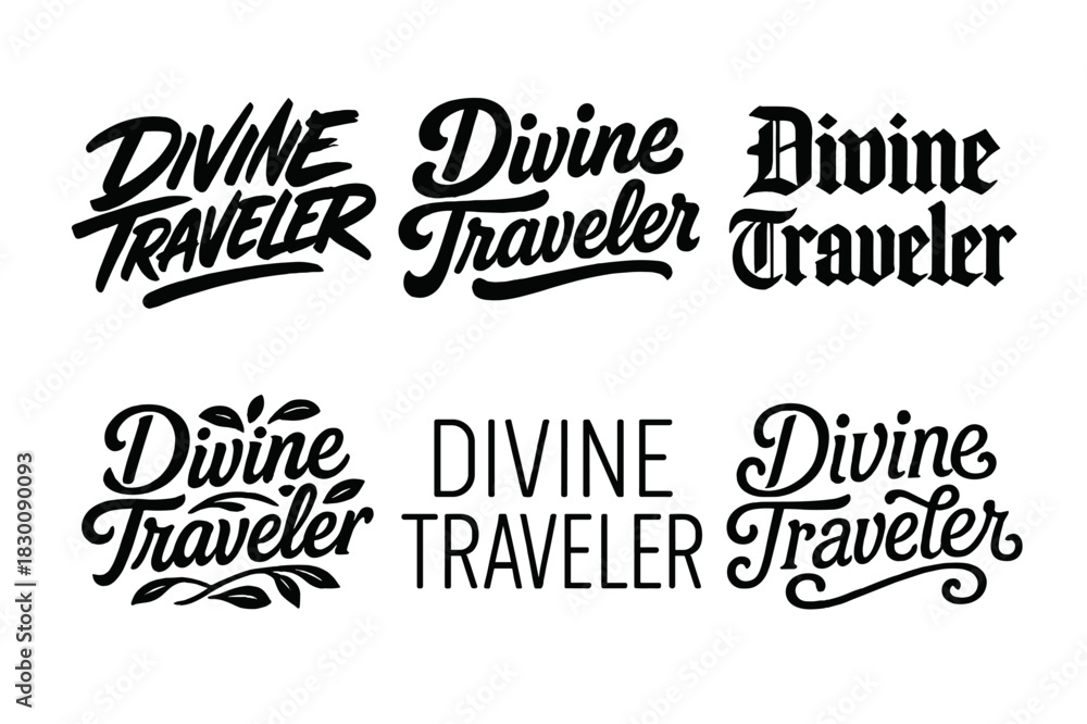 Fototapeta premium Harmonious Lettering Variations. Divine Traveler. Set lettering. harmonious lettering variations of the same emblematic concept (Dynamic brushstroke graffiti
