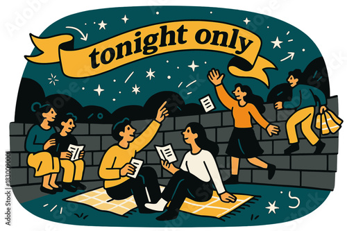 Amphitheater Night Spectacle. Amphitheater ? Audience on Stone Tiers. People settle with blankets and programs; stars rise above the rim of the bowl. Ribbon