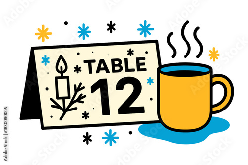 Festive Table Card. Holiday Dinner Place Card. Snowflake icons sprinkle around a card labeled ?Table ,? beside a simple branch and candle silhouette. Warm