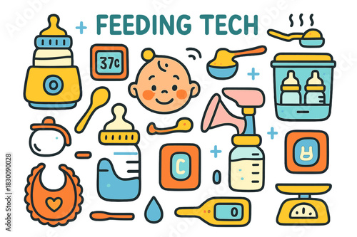 Colorful Baby Feeding Tech. Feeding tech. Colorful Hand-drawn doodle Children illustration Feeding tech bottle warmer, milk temperature display, formula