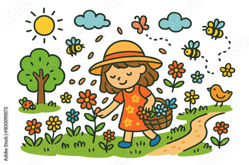 Children Collecting Blooms. collecting blooms. Colorful Hand-drawn doodle Children illustration collecting blooms girl, basket, flowers, grass, sun, butterfly,