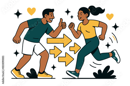 Dynamic Fitness Motivation. Fitness training and personal coaching. Trainer motivating client during outdoor run with abstract floating arrows, hearts, and