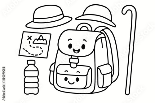 Pilgrimage Backpack Coloring. Pilgrimage backpack basics children?s coloring book illustration, outlined drawing, a cheerful backpack with a water bottle, hat,
