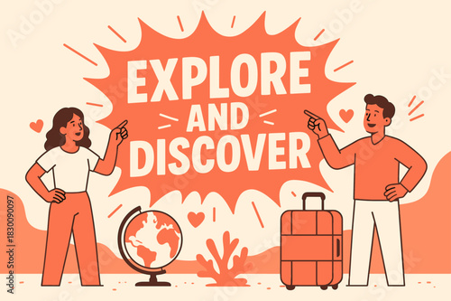 Travel Adventure Banner. Explore and discover banner, flat vector illustration, bold oversized text inside splash explosion, cartoon characters standing and