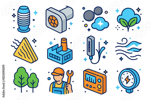 Clean Air Tech Icons. Clean air technology. Colorful isometric vector icons set of clean air technology: air purification tower, ventilation system, smoke
