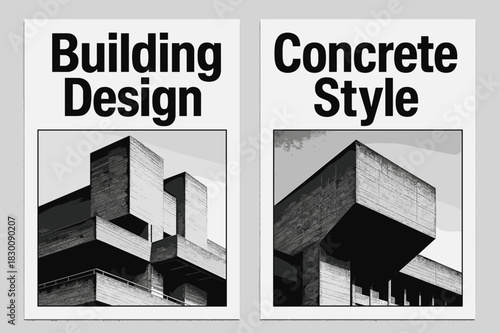 Brutalist Architecture Banners. FRESH. Two vertical A6 banners with safe margins, centered composition, no elements touching edges, brutalist, black and white,