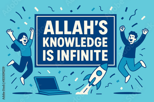 Infinite Knowledge Celebration. Allah?s Knowledge is Infinite banner, flat vector illustration, bold oversized text inside rectangular frame, cartoon