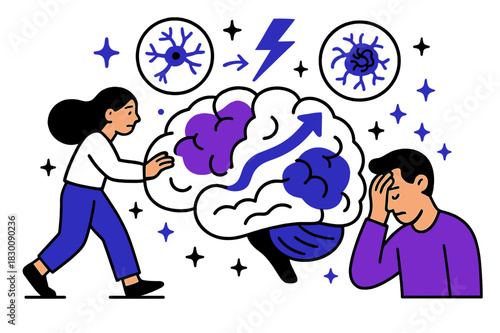 Brain Disorders Illustration. Brain disorders and conditions. Abstract illustration of brain disorders showing affected regions with floating neural icons,