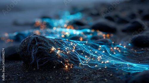 bioluminescent threads flow over rocks at night