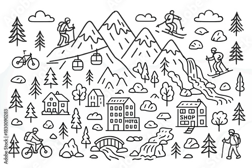 Mountain Adventure Icons. Mountain. Hand-drawn doodle illustration Mountain peaks, climbers, hikers, skiers, snowboards, lifts, chalets, hotels, restaurants,