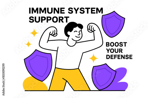 Immune System Vitality. Immune System Support. A figure surrounded by shield shapes flexes lightly; small spark icons radiate ?Vitality.? ?Boost Your Defense?