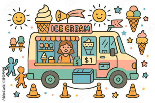 Colorful Ice Cream Truck. Ice cream truck. Colorful Hand-drawn doodle Children illustration Ice cream truck pastel truck, serving window, jingle speaker, price