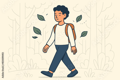 Mindful Nature Walk. A person practicing mindfulness, walking in nature, surrounded by floating leaves, and a peaceful forest atmosphere, with a sense of calm