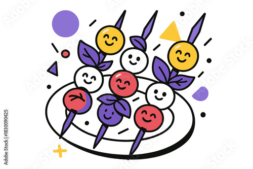 Caprese Geometric Delight. Caprese Skewers. Skewers arranged on a platter with cherry tomatoes, mozzarella, basil, and floating abstract geometric shapes,