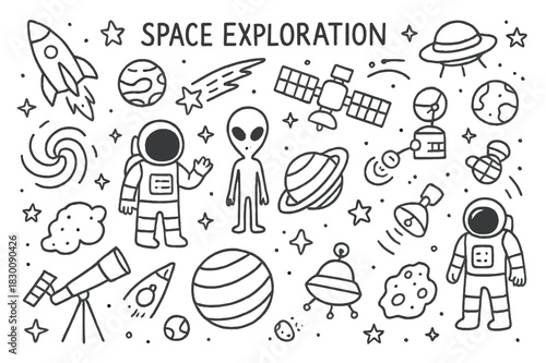 Space Exploration Doodles. Space exploration. Hand-drawn doodle illustration Space exploration, rockets, planets, stars, moons, astronauts, spacesuits, aliens,