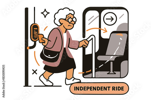 Senior's Easy Bus Ride. Elderly ? Public Transport Trip. A senior scans a card at a bus door; arrow lines show an easy route to a seat. Tag reads ?independent
