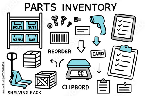 Doodled Parts Inventory. // Parts inventory. Hand-drawn doodle illustration Parts inventory [shelving rack, labeled bins (accented), small fasteners, barcode