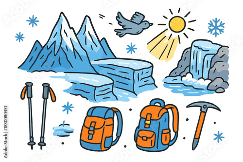 Frozen Mountain Adventure. Frozen peaks. Colorful Hand-drawn doodle Children illustration Frozen peaks sharp mountains, ice layers, glacier crevasse, frosty