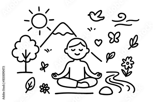 Outdoor Meditation Doodle. Meditation outdoors. Hand-drawn doodle illustration meditation outdoors lotus pose figure, mountain, tree, sun, bird, calm face,