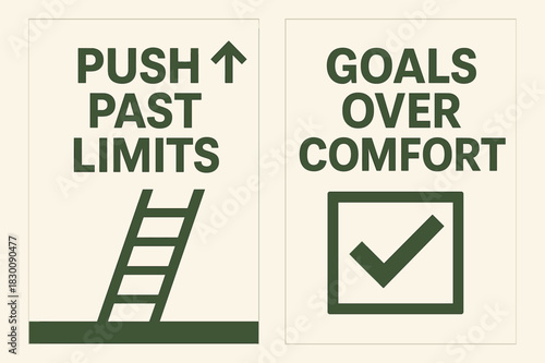 Push Past Limits. Push past limits. Two vertical A6 banners with safe margins, centered composition, no elements touching edges, geometric, olive green and