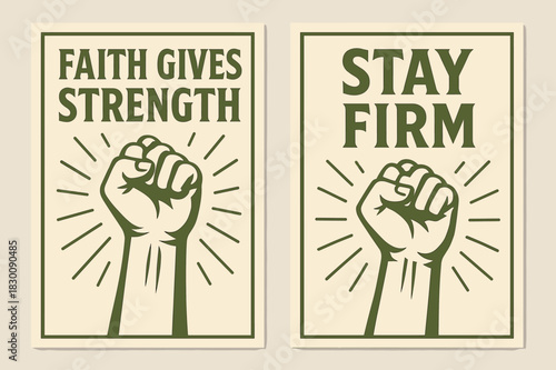 Empowering Banner Design. Strength. Two vertical A6 banners with safe margins, centered composition, no elements touching edges, bold, olive green and cream,