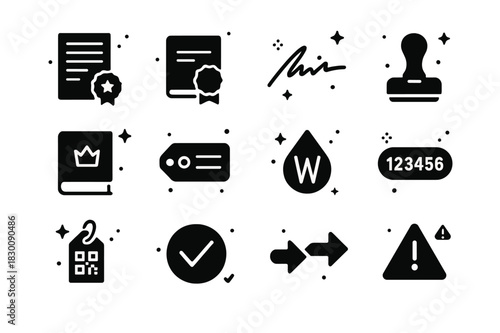 Authenticity Icon Set. Provenance and authenticity. Solid icons set of Provenance and authenticity: provenance document, certificate seal, artist signature,