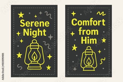 Serene Night Banners. Night of Serenity. Two vertical A6 banners with safe margins, centered composition, no elements touching edges, memphis, charcoal and