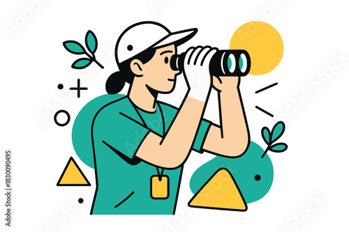 Geometric Wildlife Observation. Wildlife Tracking. Biologist using binoculars to observe wildlife with floating abstract geometric shapes and soft light
