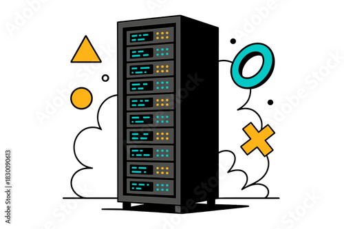 Modern Server Abstraction. Server Rack. Tall server rack with glowing lights and floating abstract geometric shapes, modern and high-tech scene. Modern