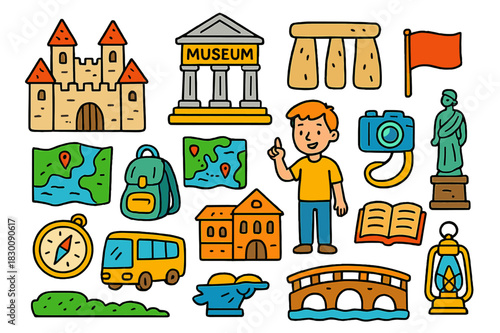 Historical Landmark Doodles. historical landmarks. Colorful Hand-drawn doodle Children illustration historical landmarks castle, museum, ancient monument,