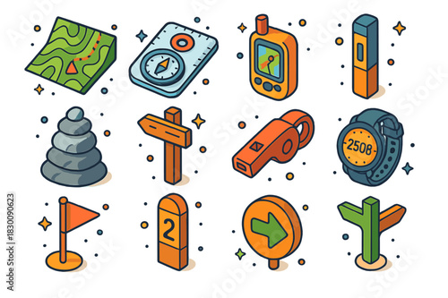 Trail Navigation Icons. Trail navigation. Colorful isometric vector icons set of Trail navigation: topographic map, baseplate compass, handheld GPS, trail