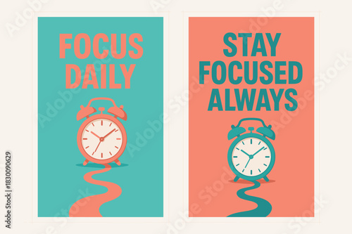 Focus Banners Design. Focus daily. Two vertical A6 banners with safe margins, centered composition, no elements touching edges, modern, turquoise and coral,