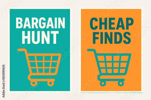 Shopping Bargain Banners. BARGAIN. Two vertical A6 banners with safe margins, centered composition, no elements touching edges, flat vector design, turquoise