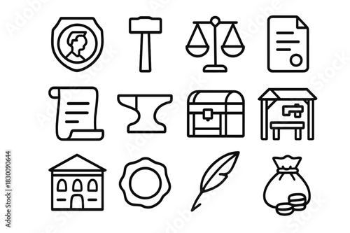 Guild Merchandise Icons. Guilds and merchants. Line icon set of guilds and merchants: merchant seal, hammer, scale, contract, scroll, anvil, chest, workshop,
