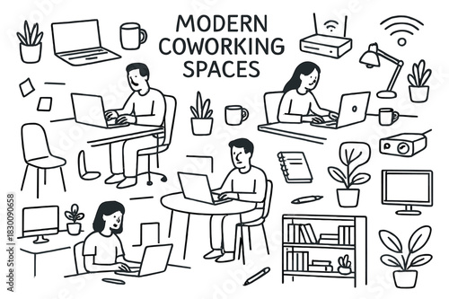 Modern Coworking Doodle. Modern Coworking Spaces. Hand-drawn doodle illustration Modern Coworking Spaces desks, laptops, chairs, coffee cups, plants, people