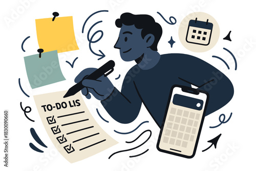 Organized Glove Compartment. Glove compartment organization. Colorful sticky notes, a pen hovering over a to-do list, a smartphone displaying a calendar.