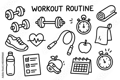 Workout Routine Doodles. Workout routine. Hand-drawn doodle illustration workout routine dumbbells, barbell, stopwatch, mat, shoes, heartbeat, jump rope,