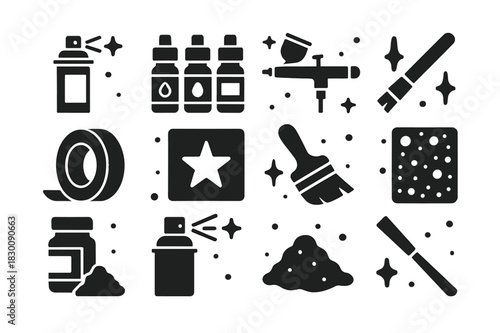 Armor Painting Icons. Armor painting and weathering. Solid icons set of Armor painting and weathering: primer can, acrylic paints, airbrush, paintbrush,