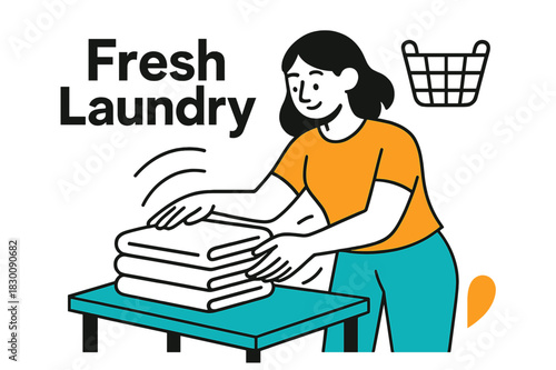 Crisp Towel Folding. Folding Station Scene. A person folds crisp towels on a table; soft motion lines show rhythm and calm. ?Fresh Laundry? floats in smooth