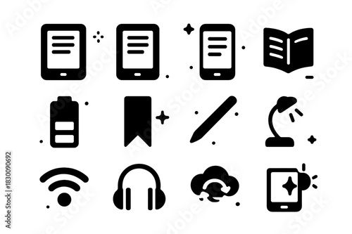 Digital Reading Icons. Digital Reading. Solid icons set of Digital Reading: tablet, e-reader, smartphone, page flip icon, battery icon, bookmark, stylus,