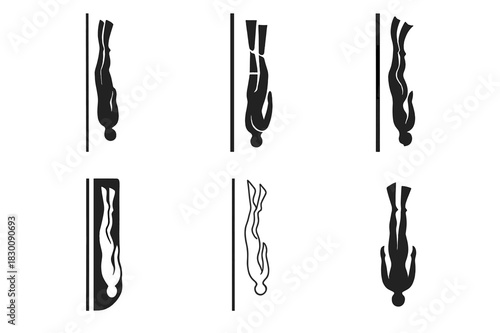 Freediving Logo Variations. Freediving. Set Logo of Freediving: diver along descent line. harmonious logo variations of the same emblematic concept, each with
