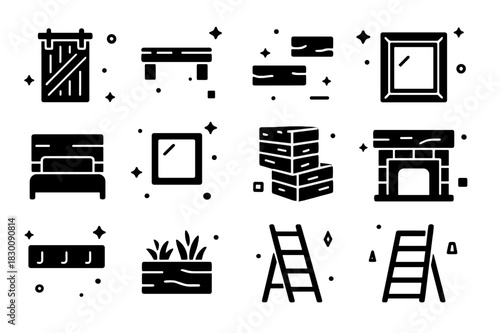 Reclaimed Wood Icons. Decorating with reclaimed wood. Solid icons set of Decorating with reclaimed wood: barn door, pallet coffee table, floating shelves,