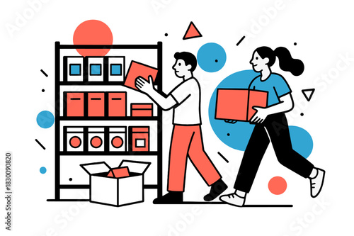 Modern Supermarket Restocking. Restocking Supplies. Supermarket shelves being restocked with packaged goods with floating abstract geometric shapes, productive