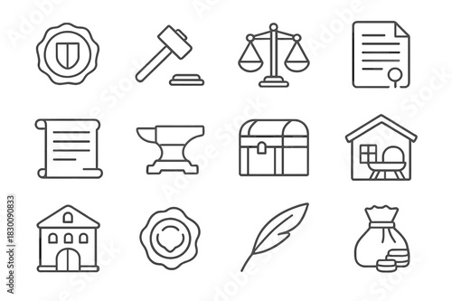 Guild Merchandise Icons. Guilds and merchants. Line icon set of guilds and merchants: merchant seal, hammer, scale, contract, scroll, anvil, chest, workshop,