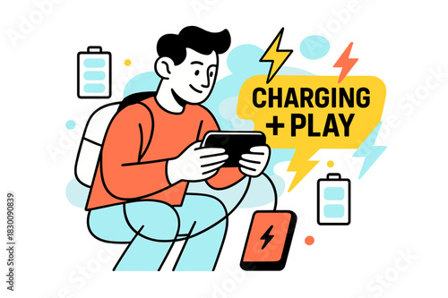 Mobile Gaming Charge. Playing a mobile game on the go ? Power bank pit stop. Cable arcs in a clean curve as battery icons orbit the phone. ?CHARGING + PLAY?