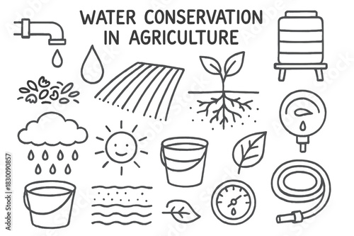 Farm Water Management. Water conservation in agriculture. Hand-drawn doodle illustration Water conservation in agriculture irrigation pipe, droplet, water